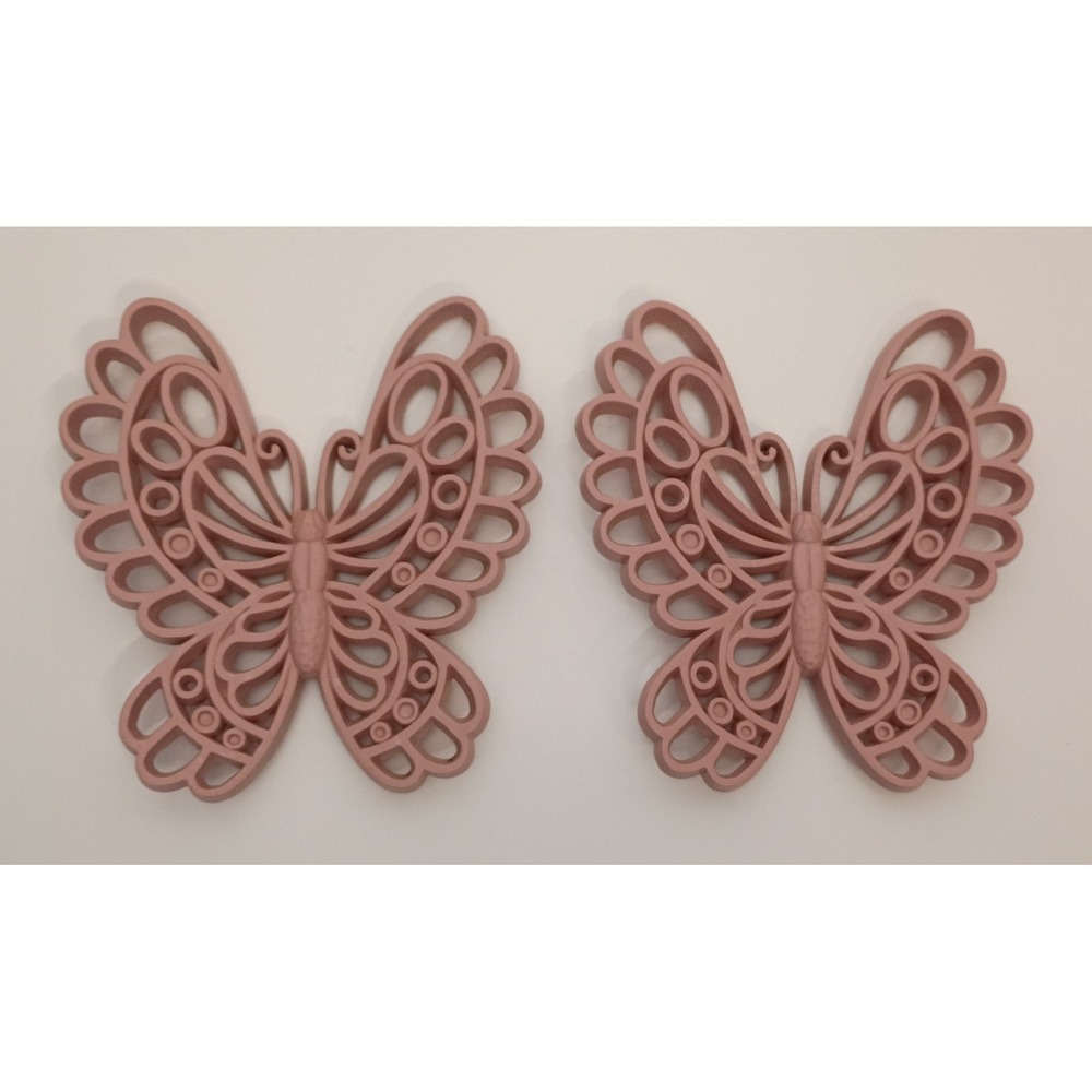 2 Vintage Pink Plastic Rattan Style Butterfly Wall Decor MCM Retro Burwood 6"